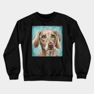 Painting of a n Adorable Grey Brown Weimaraner Dog on Blue Background Crewneck Sweatshirt